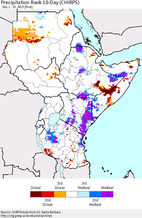 Eastern Africa Precipitation Rank since 1981, 10-Day (CHIRPS) Thematic Map For 9/1/2019 - 9/10/2019