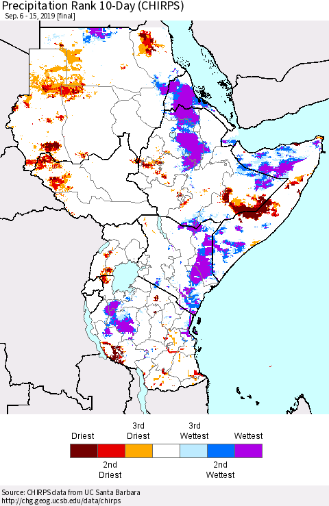 Eastern Africa Precipitation Rank since 1981, 10-Day (CHIRPS) Thematic Map For 9/6/2019 - 9/15/2019