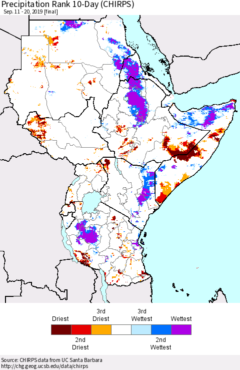 Eastern Africa Precipitation Rank since 1981, 10-Day (CHIRPS) Thematic Map For 9/11/2019 - 9/20/2019