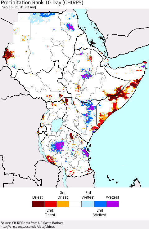 Eastern Africa Precipitation Rank since 1981, 10-Day (CHIRPS) Thematic Map For 9/16/2019 - 9/25/2019