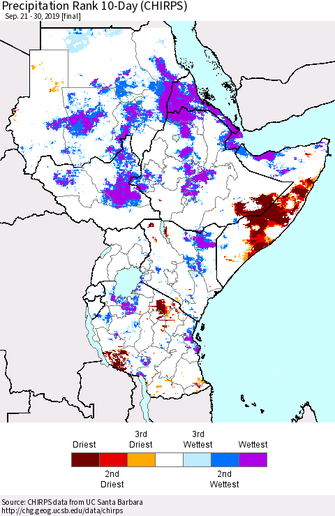 Eastern Africa Precipitation Rank since 1981, 10-Day (CHIRPS) Thematic Map For 9/21/2019 - 9/30/2019