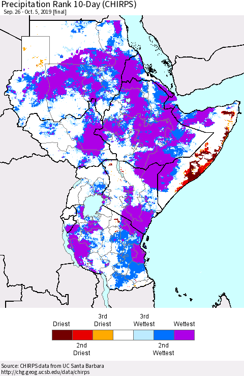 Eastern Africa Precipitation Rank since 1981, 10-Day (CHIRPS) Thematic Map For 9/26/2019 - 10/5/2019