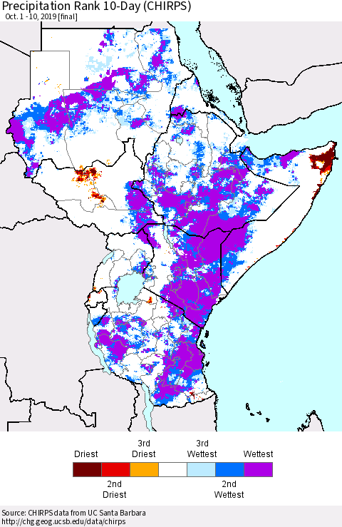 Eastern Africa Precipitation Rank 10-Day (CHIRPS) Thematic Map For 10/1/2019 - 10/10/2019