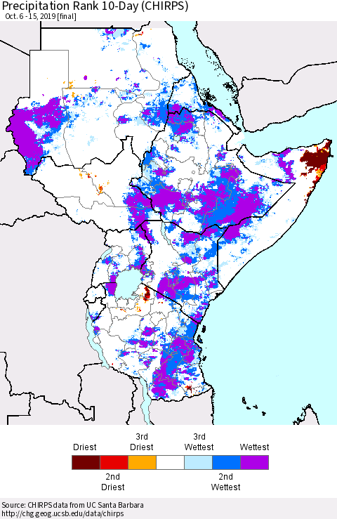 Eastern Africa Precipitation Rank 10-Day (CHIRPS) Thematic Map For 10/6/2019 - 10/15/2019