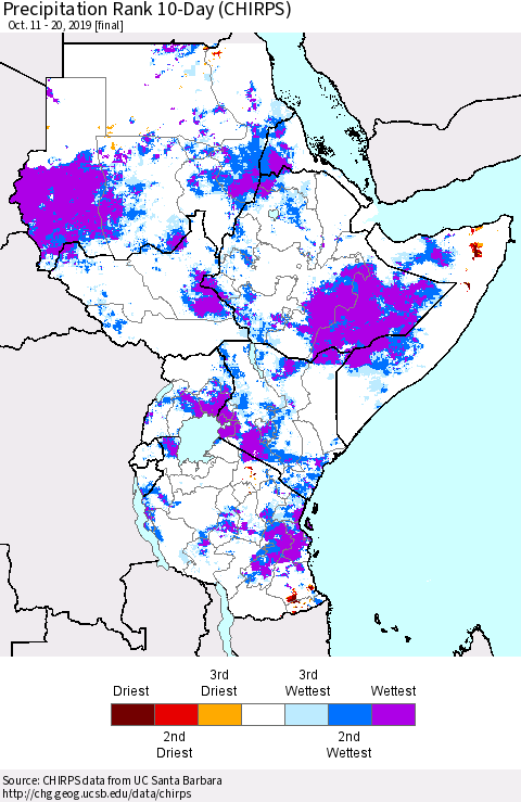 Eastern Africa Precipitation Rank 10-Day (CHIRPS) Thematic Map For 10/11/2019 - 10/20/2019