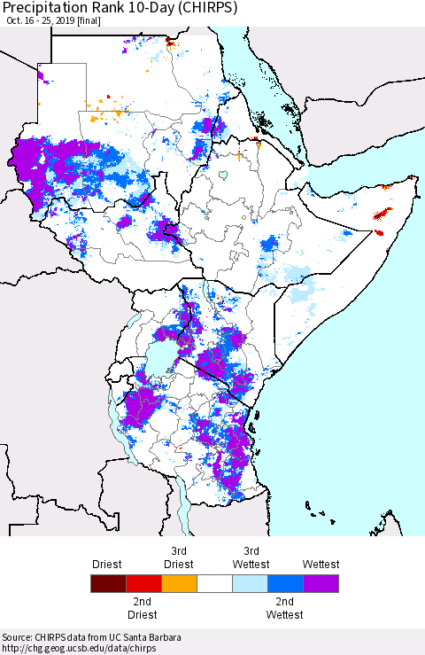 Eastern Africa Precipitation Rank 10-Day (CHIRPS) Thematic Map For 10/16/2019 - 10/25/2019