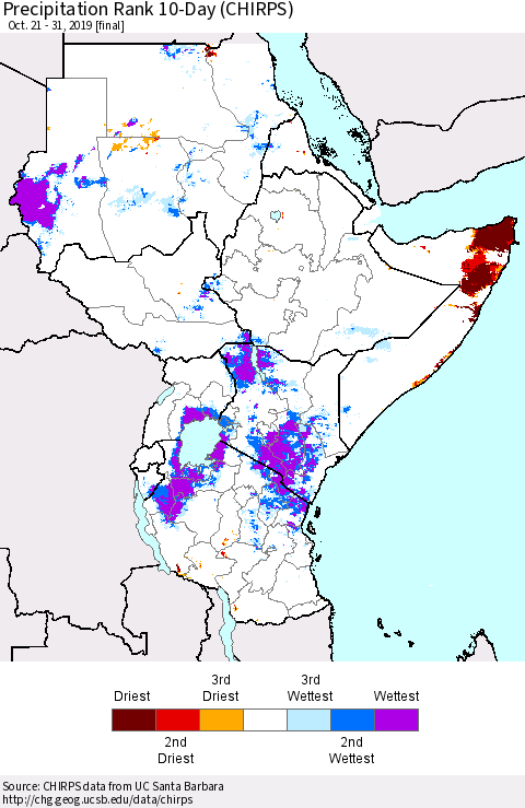 Eastern Africa Precipitation Rank since 1981, 10-Day (CHIRPS) Thematic Map For 10/21/2019 - 10/31/2019