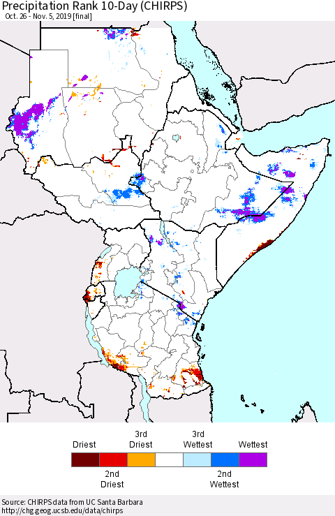 Eastern Africa Precipitation Rank 10-Day (CHIRPS) Thematic Map For 10/26/2019 - 11/5/2019