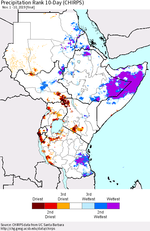 Eastern Africa Precipitation Rank 10-Day (CHIRPS) Thematic Map For 11/1/2019 - 11/10/2019