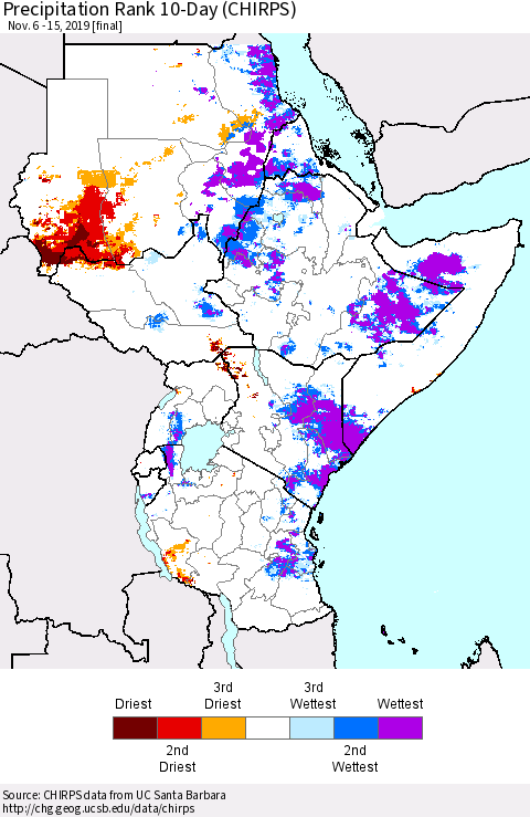 Eastern Africa Precipitation Rank 10-Day (CHIRPS) Thematic Map For 11/6/2019 - 11/15/2019