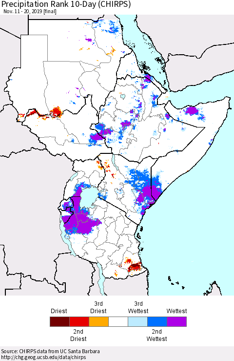 Eastern Africa Precipitation Rank since 1981, 10-Day (CHIRPS) Thematic Map For 11/11/2019 - 11/20/2019