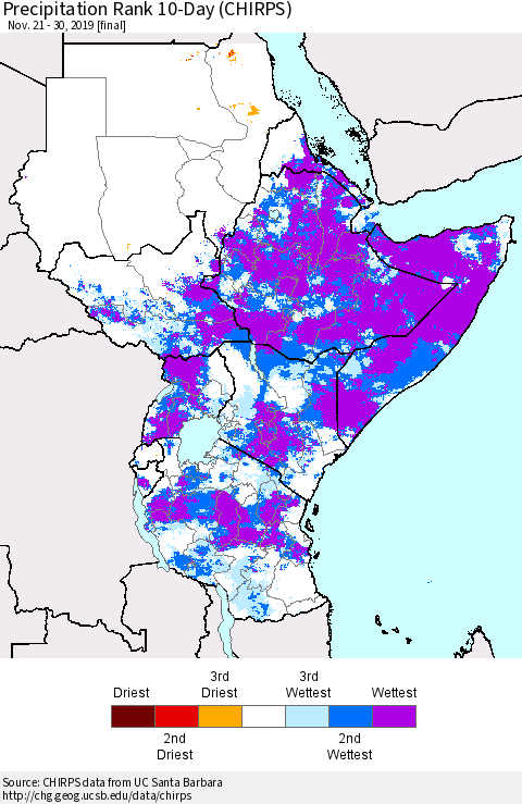 Eastern Africa Precipitation Rank since 1981, 10-Day (CHIRPS) Thematic Map For 11/21/2019 - 11/30/2019