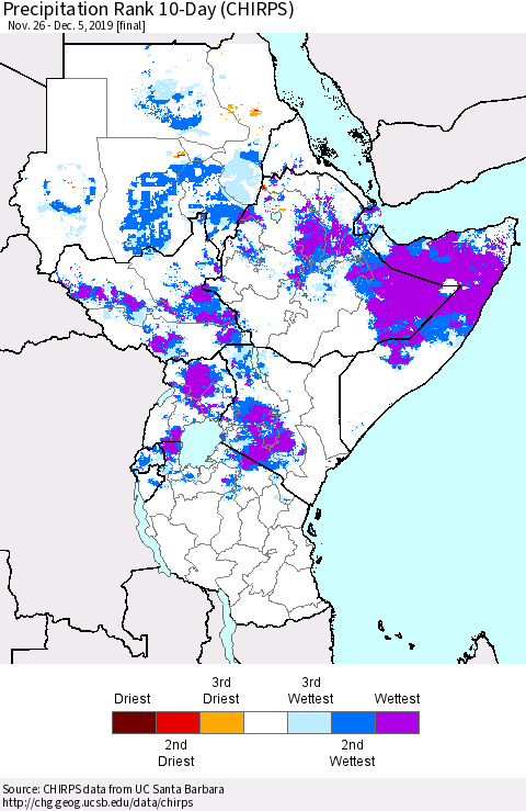 Eastern Africa Precipitation Rank 10-Day (CHIRPS) Thematic Map For 11/26/2019 - 12/5/2019