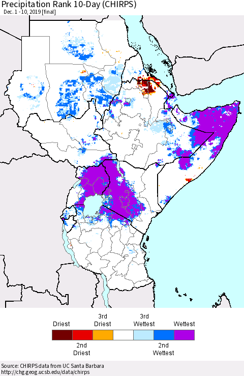 Eastern Africa Precipitation Rank 10-Day (CHIRPS) Thematic Map For 12/1/2019 - 12/10/2019