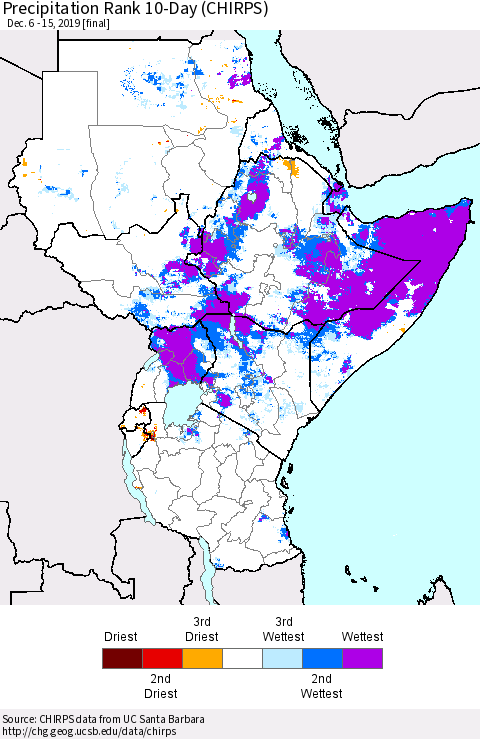 Eastern Africa Precipitation Rank since 1981, 10-Day (CHIRPS) Thematic Map For 12/6/2019 - 12/15/2019