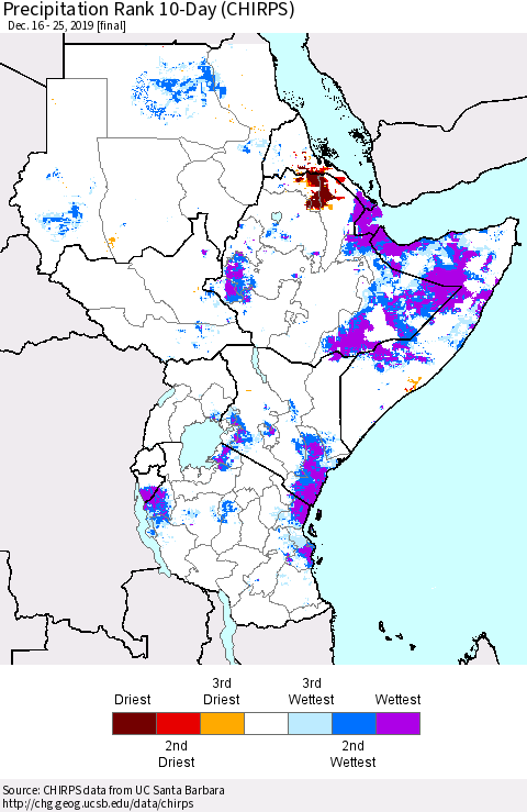 Eastern Africa Precipitation Rank 10-Day (CHIRPS) Thematic Map For 12/16/2019 - 12/25/2019