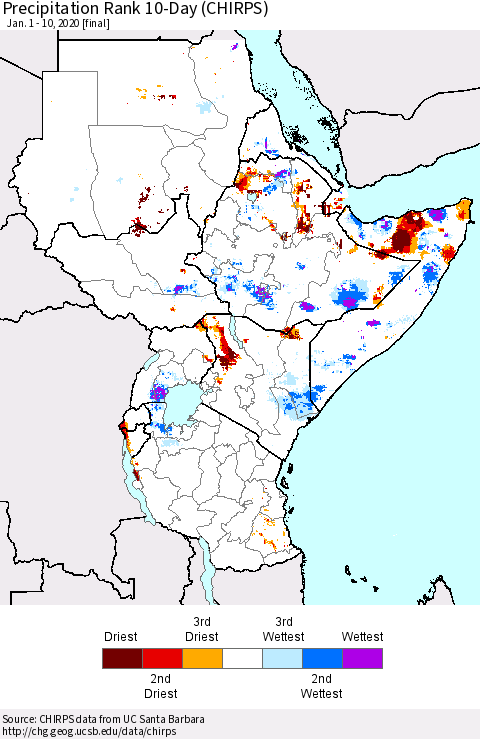 Eastern Africa Precipitation Rank 10-Day (CHIRPS) Thematic Map For 1/1/2020 - 1/10/2020