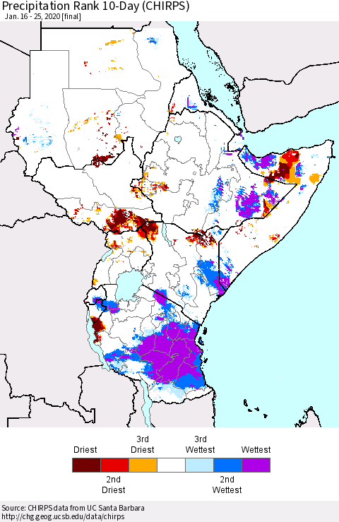 Eastern Africa Precipitation Rank since 1981, 10-Day (CHIRPS) Thematic Map For 1/16/2020 - 1/25/2020