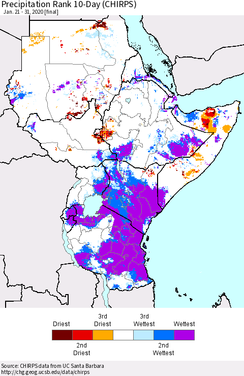 Eastern Africa Precipitation Rank 10-Day (CHIRPS) Thematic Map For 1/21/2020 - 1/31/2020