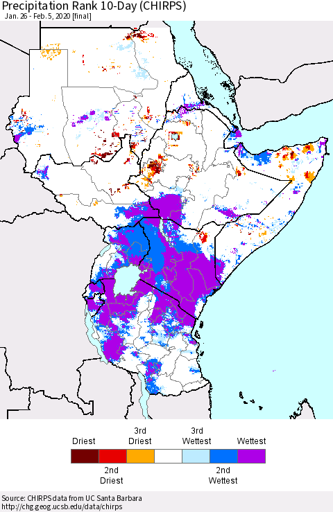 Eastern Africa Precipitation Rank 10-Day (CHIRPS) Thematic Map For 1/26/2020 - 2/5/2020