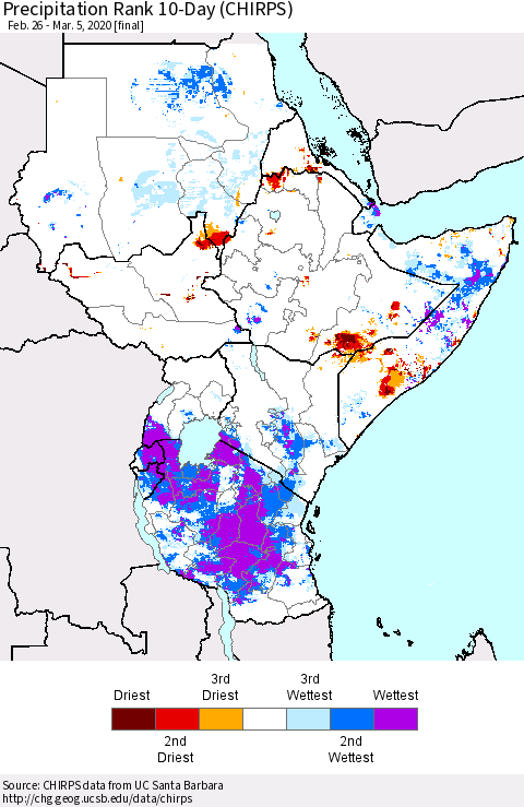 Eastern Africa Precipitation Rank 10-Day (CHIRPS) Thematic Map For 2/26/2020 - 3/5/2020