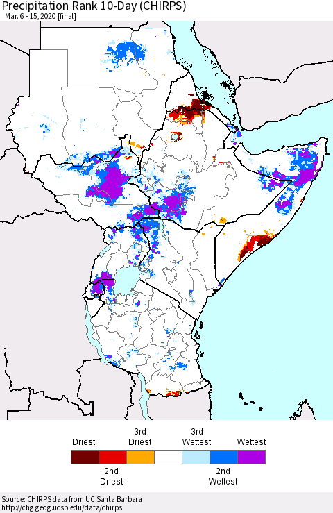 Eastern Africa Precipitation Rank 10-Day (CHIRPS) Thematic Map For 3/6/2020 - 3/15/2020