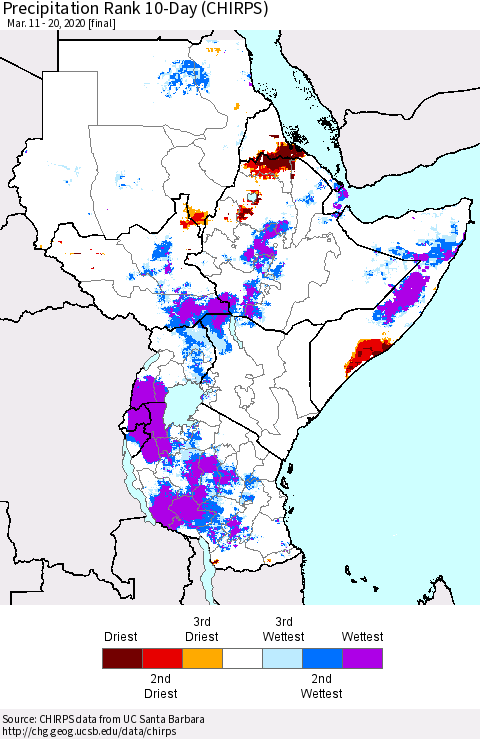 Eastern Africa Precipitation Rank since 1981, 10-Day (CHIRPS) Thematic Map For 3/11/2020 - 3/20/2020