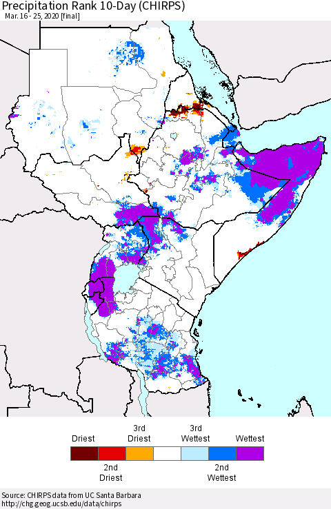 Eastern Africa Precipitation Rank since 1981, 10-Day (CHIRPS) Thematic Map For 3/16/2020 - 3/25/2020