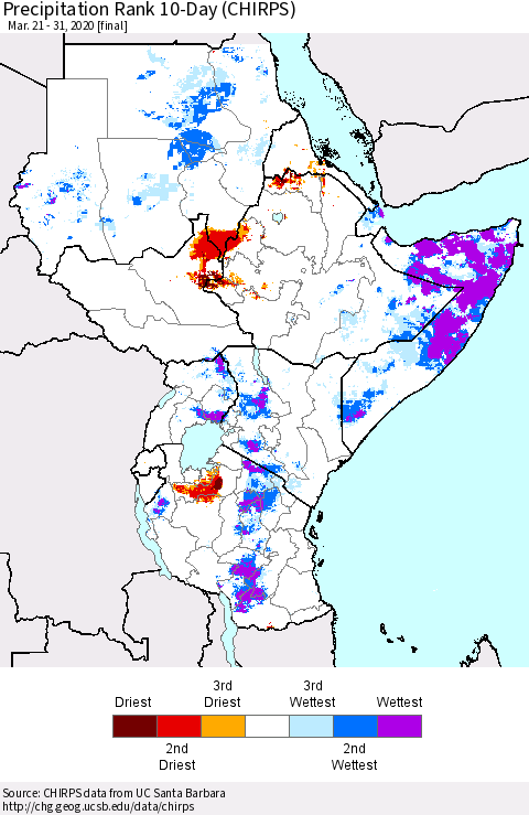 Eastern Africa Precipitation Rank 10-Day (CHIRPS) Thematic Map For 3/21/2020 - 3/31/2020