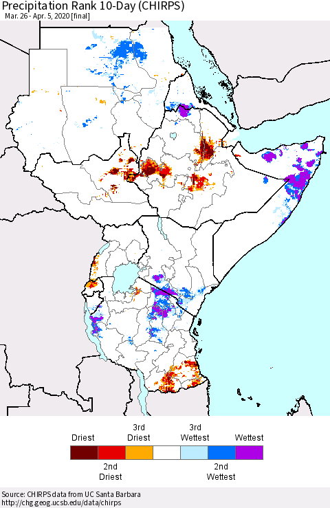 Eastern Africa Precipitation Rank 10-Day (CHIRPS) Thematic Map For 3/26/2020 - 4/5/2020