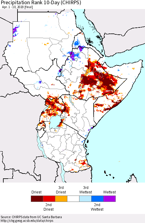 Eastern Africa Precipitation Rank 10-Day (CHIRPS) Thematic Map For 4/1/2020 - 4/10/2020