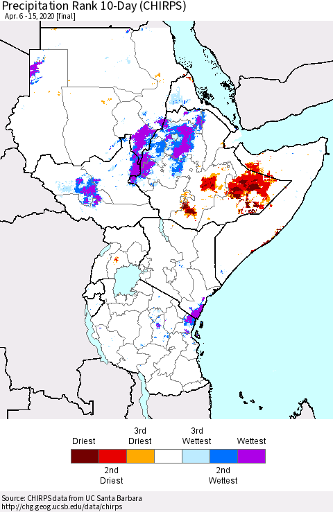 Eastern Africa Precipitation Rank 10-Day (CHIRPS) Thematic Map For 4/6/2020 - 4/15/2020