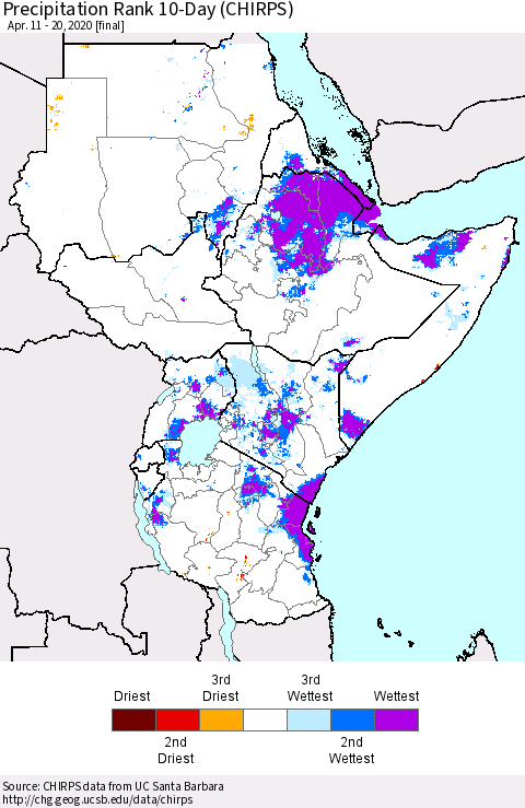 Eastern Africa Precipitation Rank since 1981, 10-Day (CHIRPS) Thematic Map For 4/11/2020 - 4/20/2020
