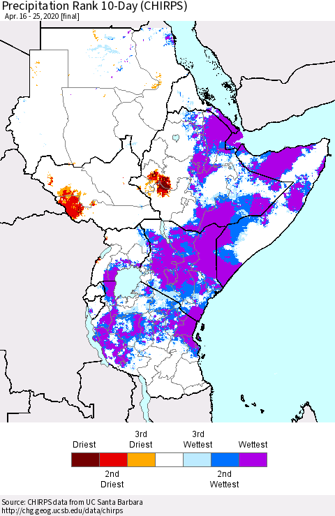 Eastern Africa Precipitation Rank 10-Day (CHIRPS) Thematic Map For 4/16/2020 - 4/25/2020