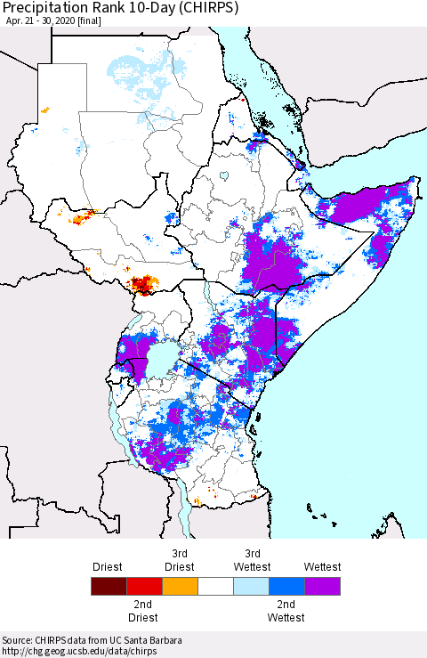 Eastern Africa Precipitation Rank 10-Day (CHIRPS) Thematic Map For 4/21/2020 - 4/30/2020