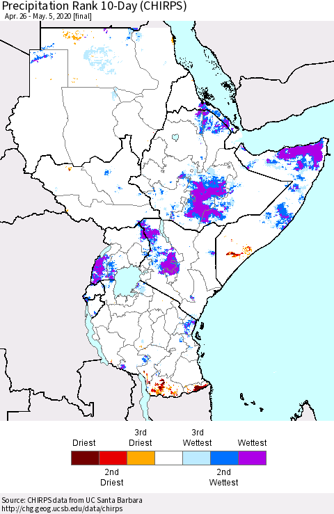 Eastern Africa Precipitation Rank 10-Day (CHIRPS) Thematic Map For 4/26/2020 - 5/5/2020