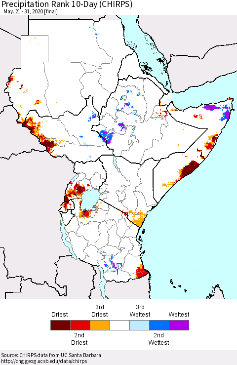 Eastern Africa Precipitation Rank 10-Day (CHIRPS) Thematic Map For 5/21/2020 - 5/31/2020