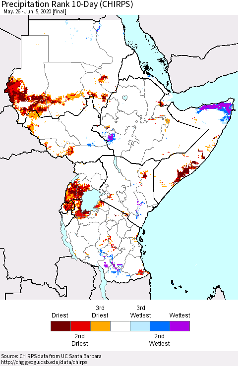 Eastern Africa Precipitation Rank 10-Day (CHIRPS) Thematic Map For 5/26/2020 - 6/5/2020