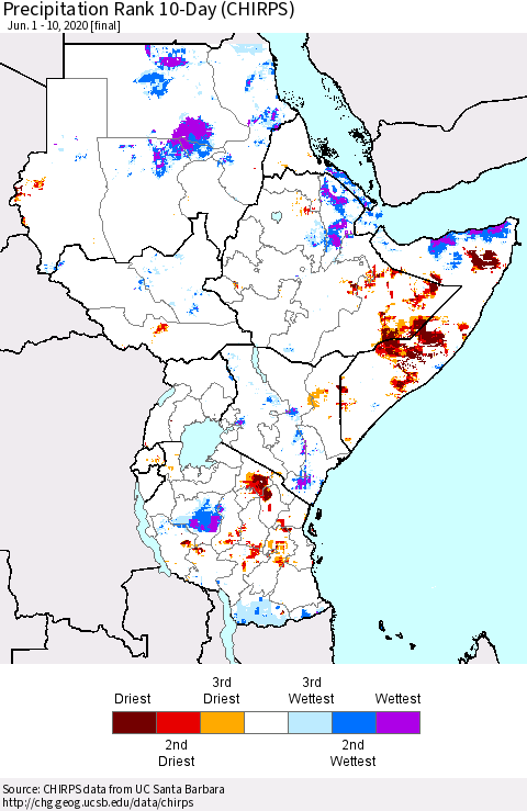 Eastern Africa Precipitation Rank since 1981, 10-Day (CHIRPS) Thematic Map For 6/1/2020 - 6/10/2020