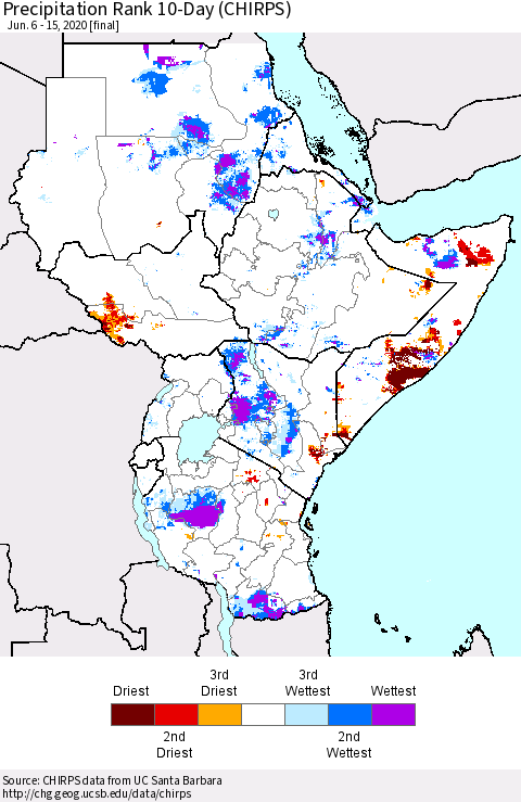 Eastern Africa Precipitation Rank 10-Day (CHIRPS) Thematic Map For 6/6/2020 - 6/15/2020