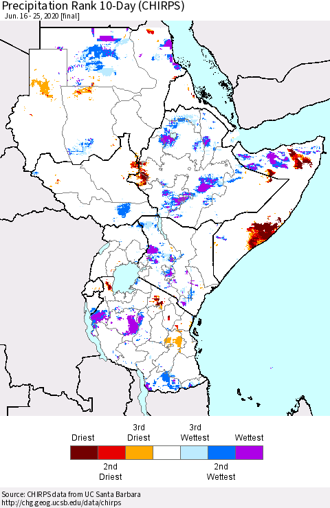Eastern Africa Precipitation Rank 10-Day (CHIRPS) Thematic Map For 6/16/2020 - 6/25/2020