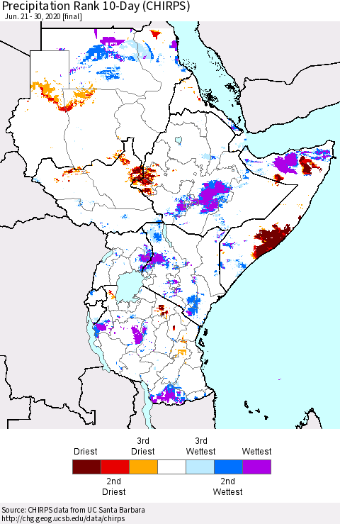Eastern Africa Precipitation Rank 10-Day (CHIRPS) Thematic Map For 6/21/2020 - 6/30/2020