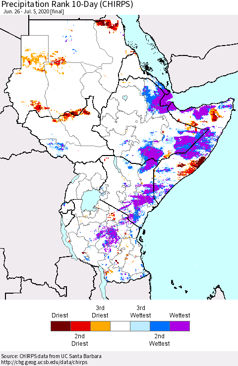 Eastern Africa Precipitation Rank 10-Day (CHIRPS) Thematic Map For 6/26/2020 - 7/5/2020