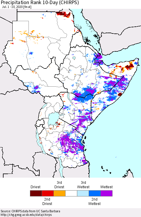 Eastern Africa Precipitation Rank since 1981, 10-Day (CHIRPS) Thematic Map For 7/1/2020 - 7/10/2020