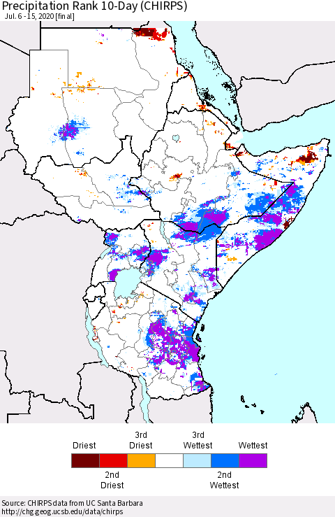 Eastern Africa Precipitation Rank 10-Day (CHIRPS) Thematic Map For 7/6/2020 - 7/15/2020