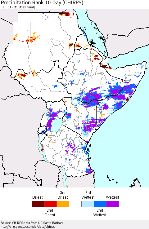 Eastern Africa Precipitation Rank 10-Day (CHIRPS) Thematic Map For 7/11/2020 - 7/20/2020