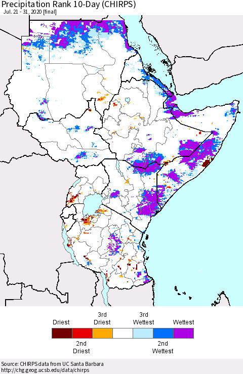 Eastern Africa Precipitation Rank 10-Day (CHIRPS) Thematic Map For 7/21/2020 - 7/31/2020
