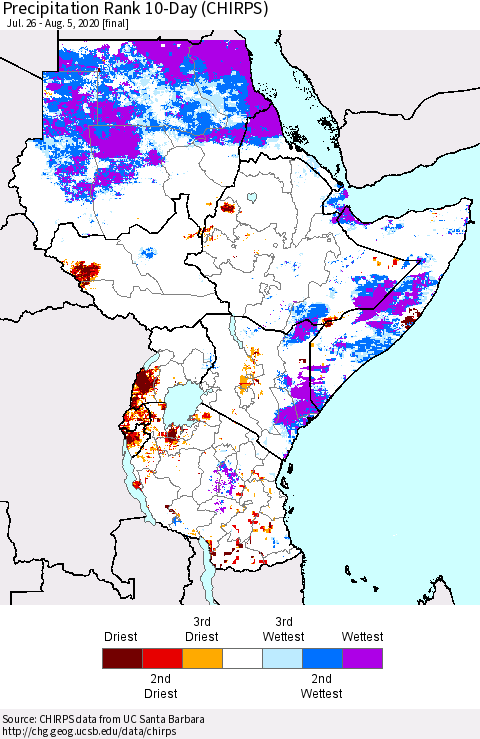 Eastern Africa Precipitation Rank 10-Day (CHIRPS) Thematic Map For 7/26/2020 - 8/5/2020