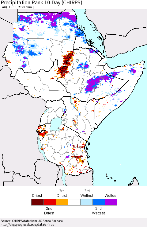 Eastern Africa Precipitation Rank 10-Day (CHIRPS) Thematic Map For 8/1/2020 - 8/10/2020