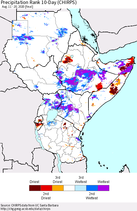 Eastern Africa Precipitation Rank since 1981, 10-Day (CHIRPS) Thematic Map For 8/11/2020 - 8/20/2020